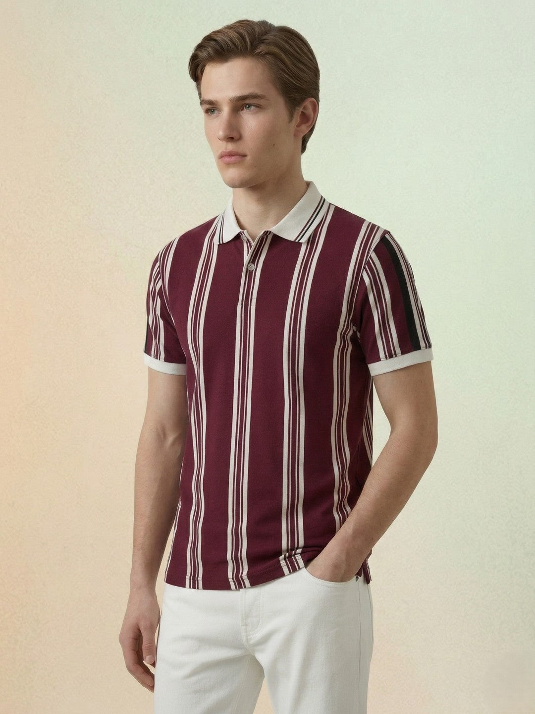 Iconic Men Maroon Striped Polo T-Shirt