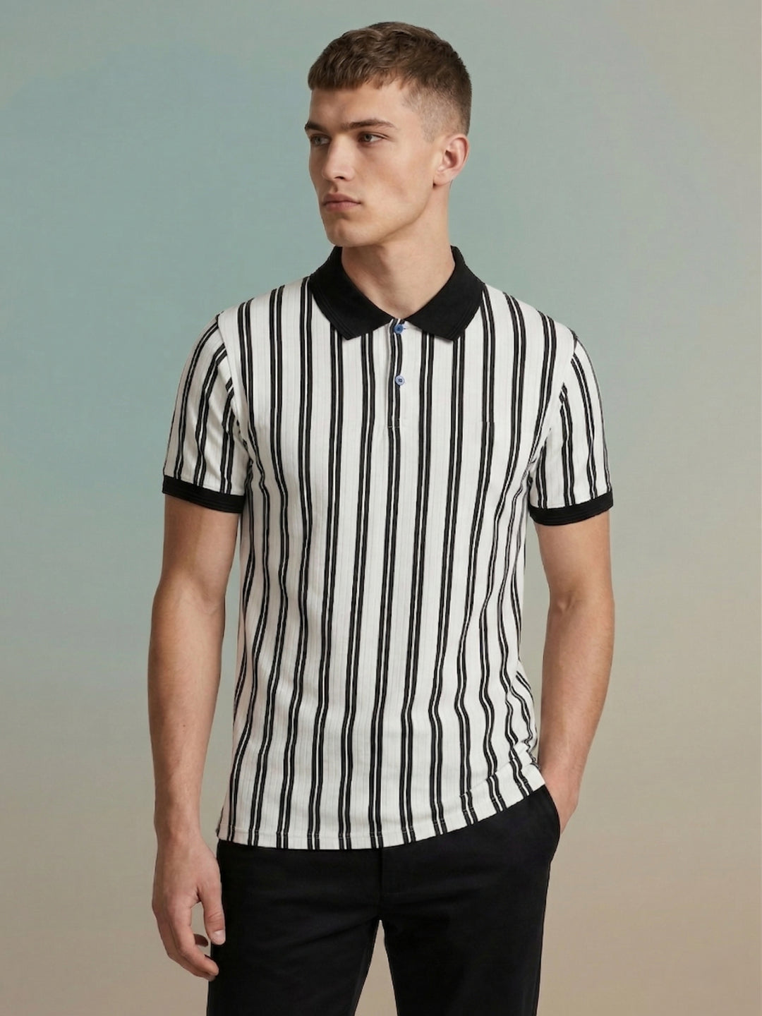 Iconic Men White Striped Polo T-Shirt