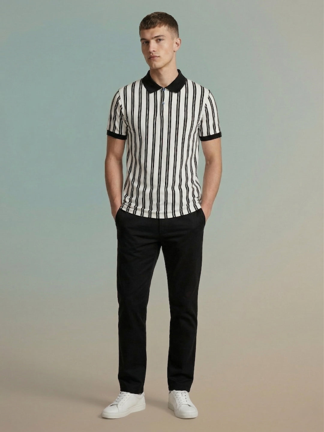 Iconic Men White Striped Polo T-Shirt