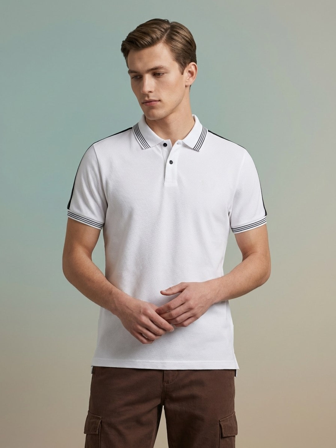 Iconic Men White Cotton Striped Polo T-Shirt