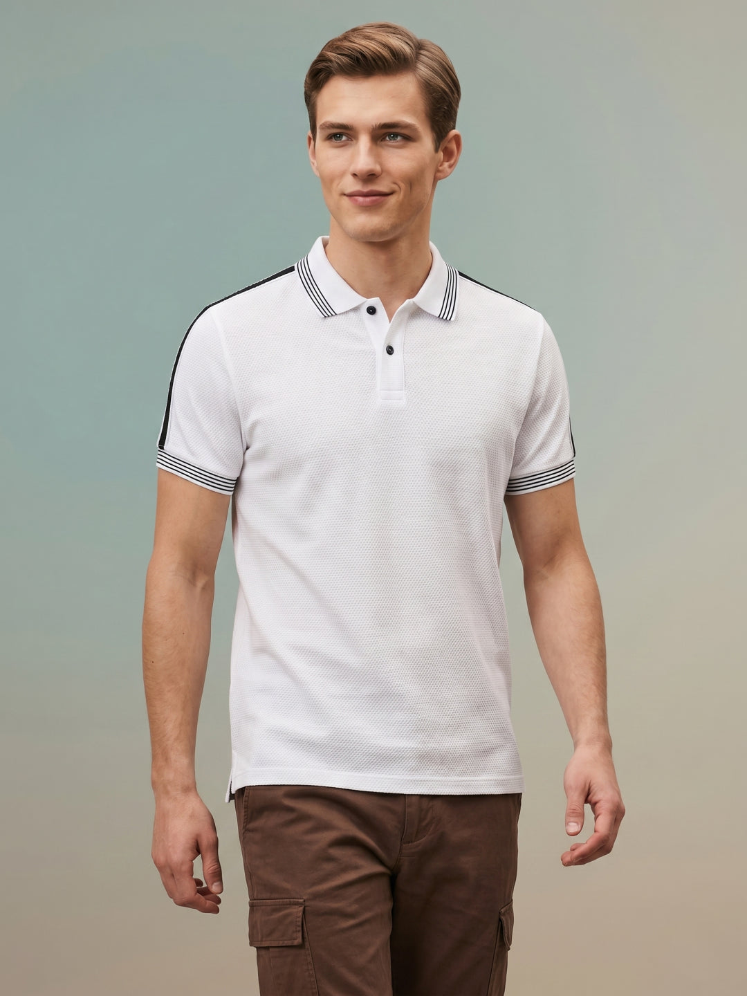 Iconic Men White Striped Regular Fit Pure Cotton Polo T-Shirt