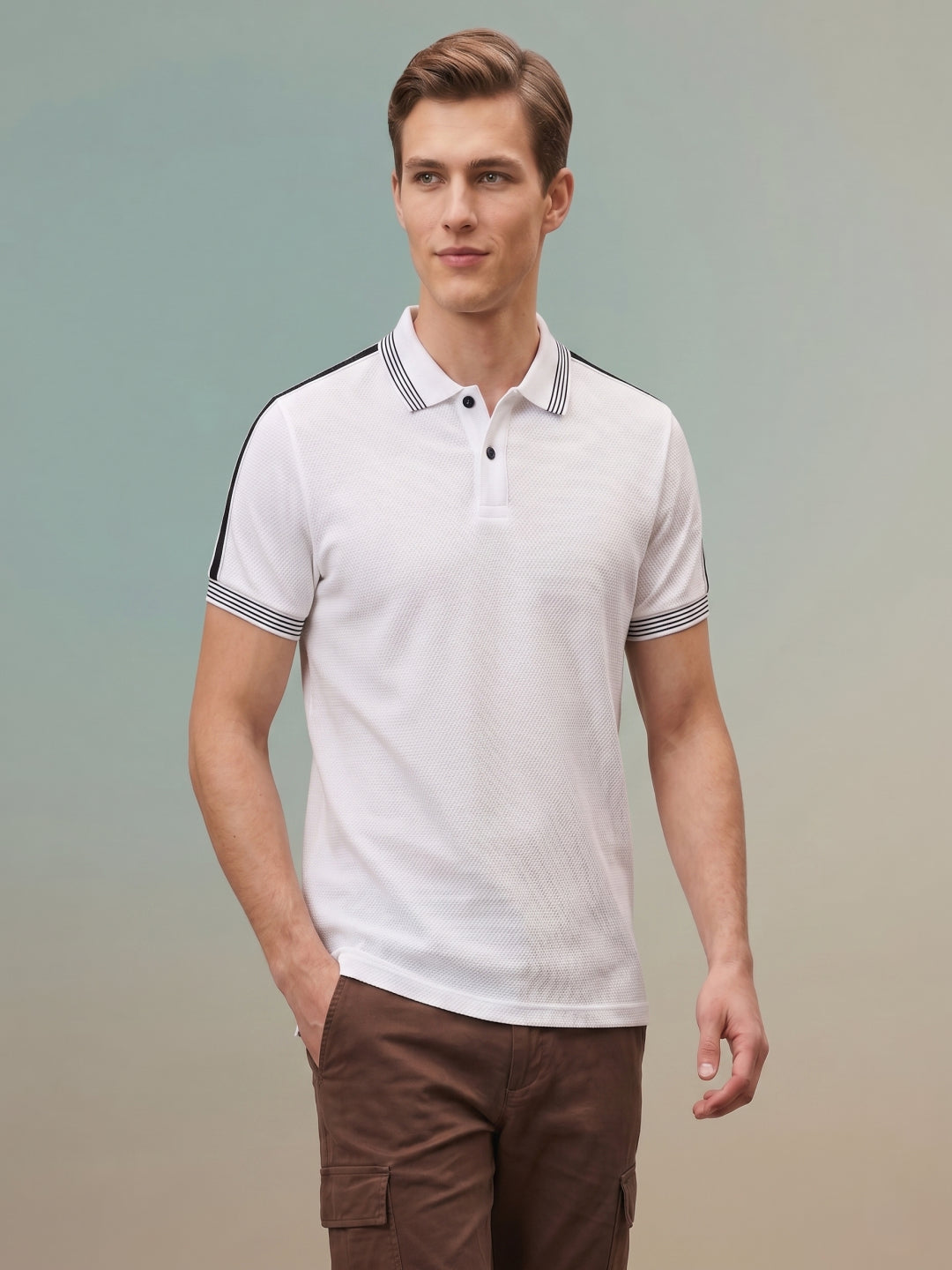 Iconic Men White Striped Regular Fit Pure Cotton Polo T-Shirt