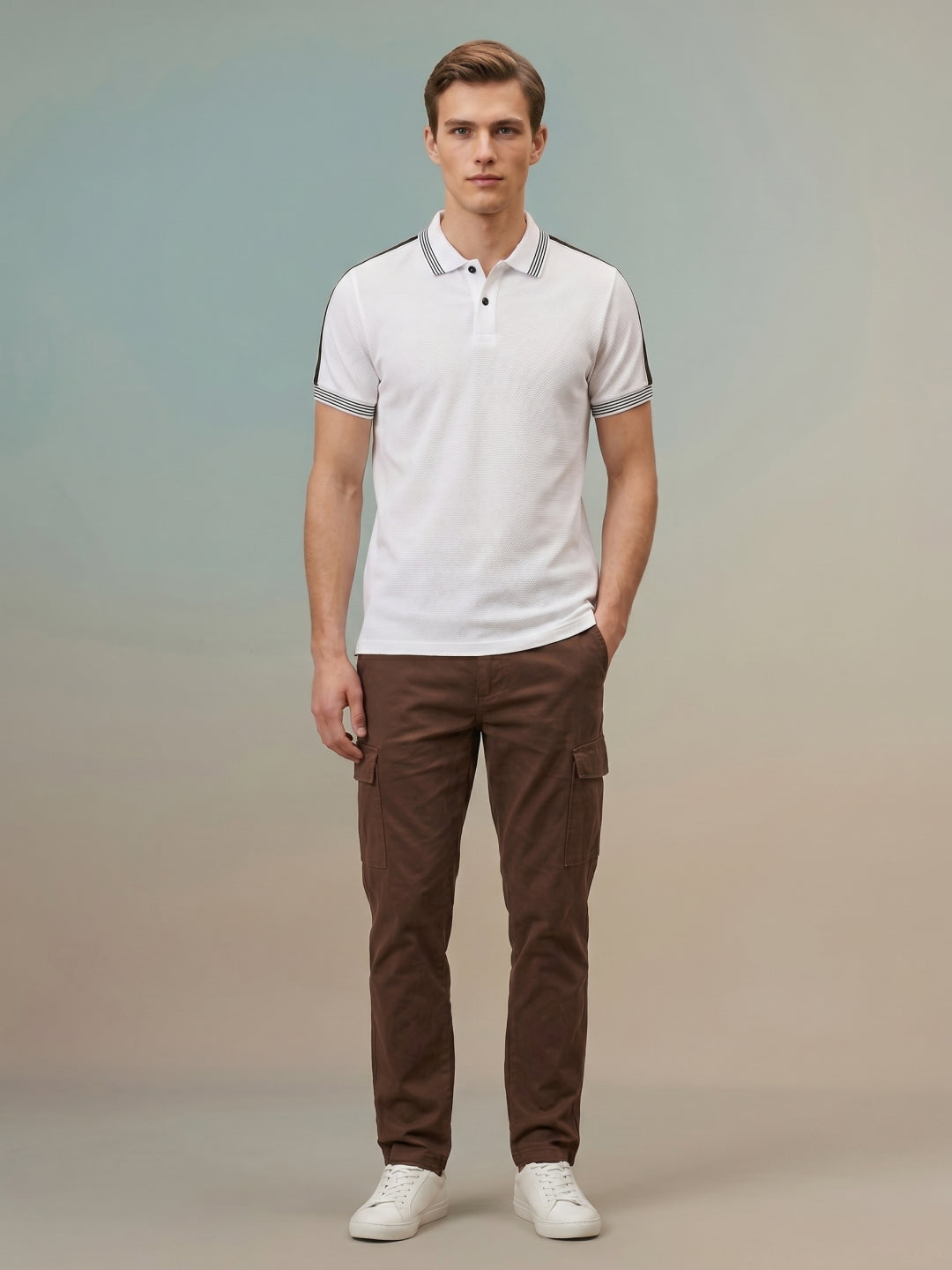 Iconic Men White Striped Regular Fit Pure Cotton Polo T-Shirt