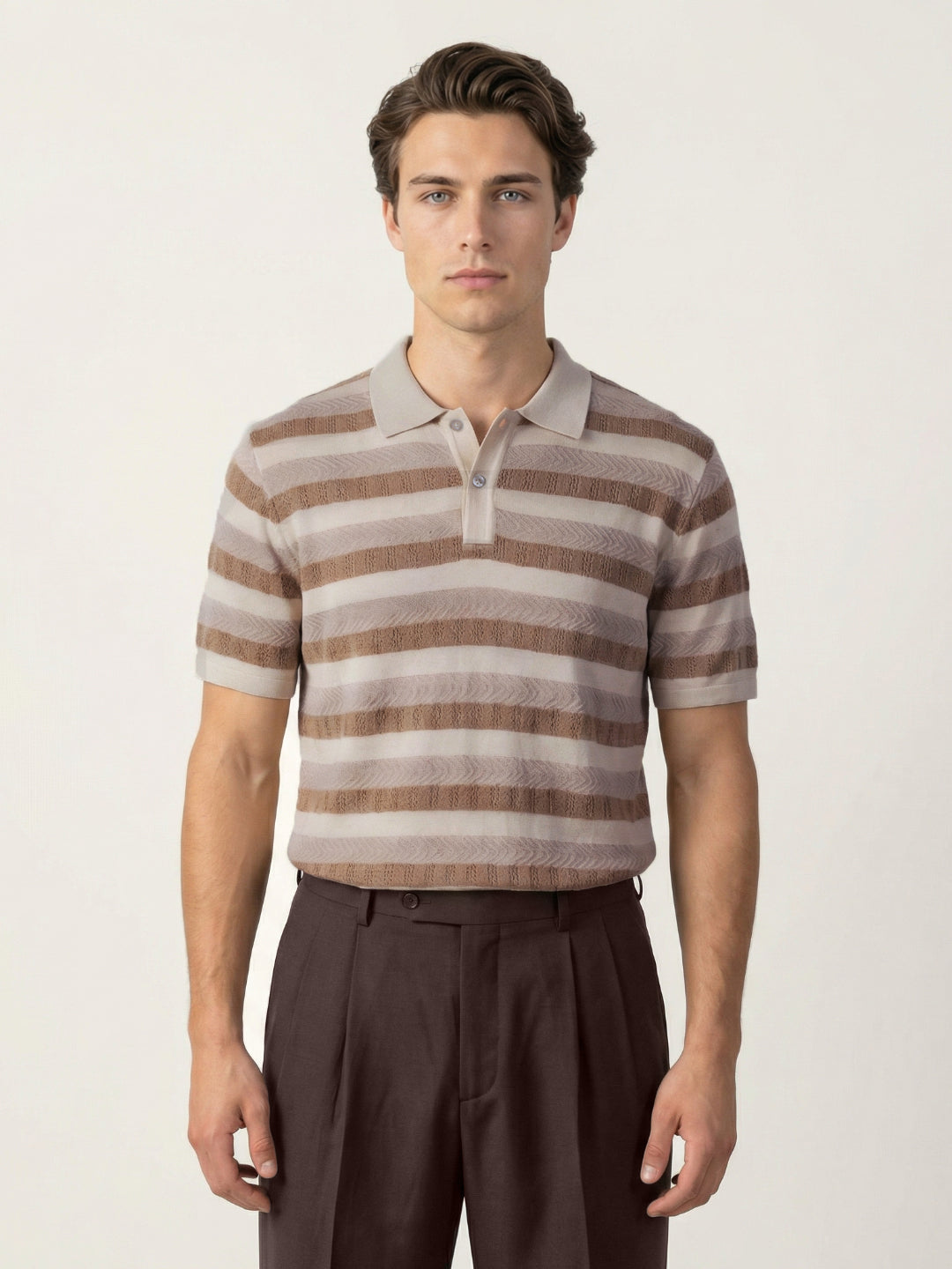 Iconic Men Brown Striped Regular Fit Pure Cotton Polo T-Shirt