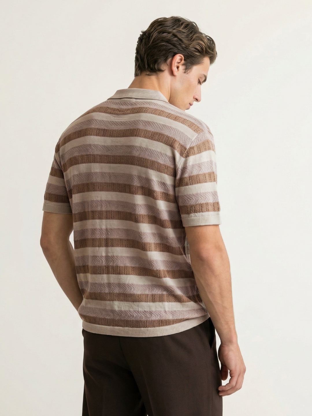 Iconic Men Brown Striped Regular Fit Pure Cotton Polo T-Shirt