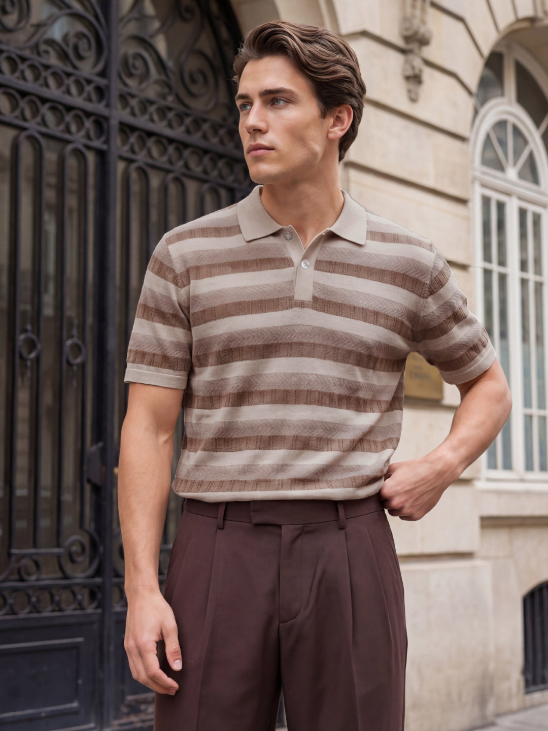 Iconic Men Brown Striped Regular Fit Pure Cotton Polo T-Shirt