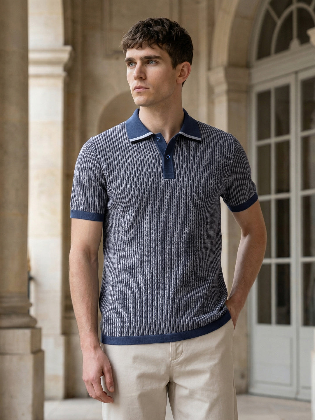 Iconic Men Blue Striped Regular Fit Pure Cotton Polo T-Shirt