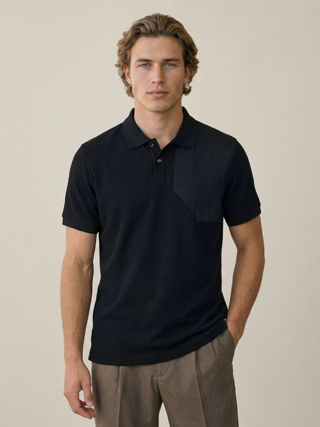 Iconic Men Black Textured Regular Fit Pure Cotton Polo T-Shirt