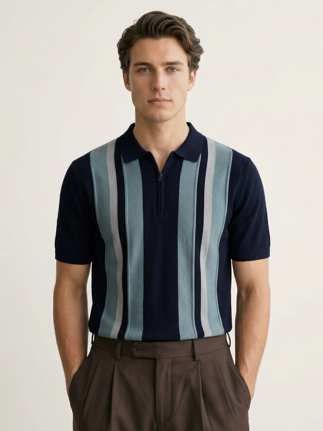 Iconic Men Navy Blue Striped Regular Fit Pure Cotton Polo T-Shirt