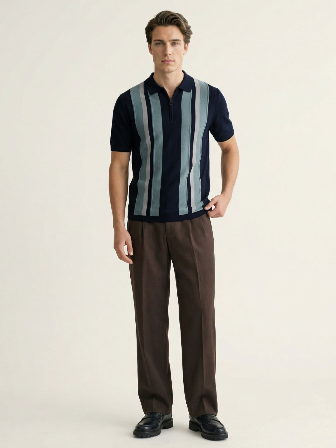 Iconic Men Navy Blue Striped Regular Fit Pure Cotton Polo T-Shirt