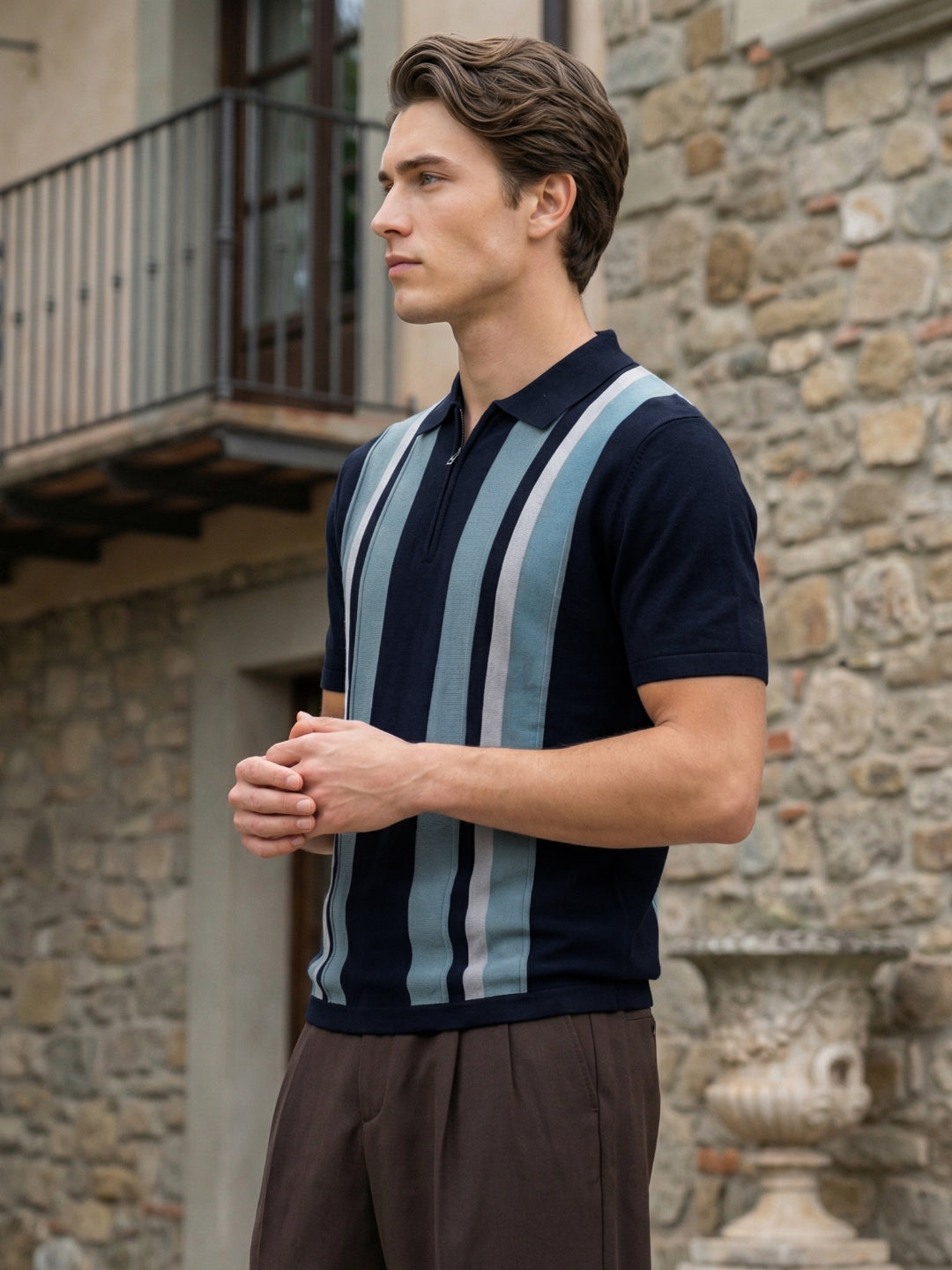 Iconic Men Navy Blue Striped Regular Fit Pure Cotton Polo T-Shirt