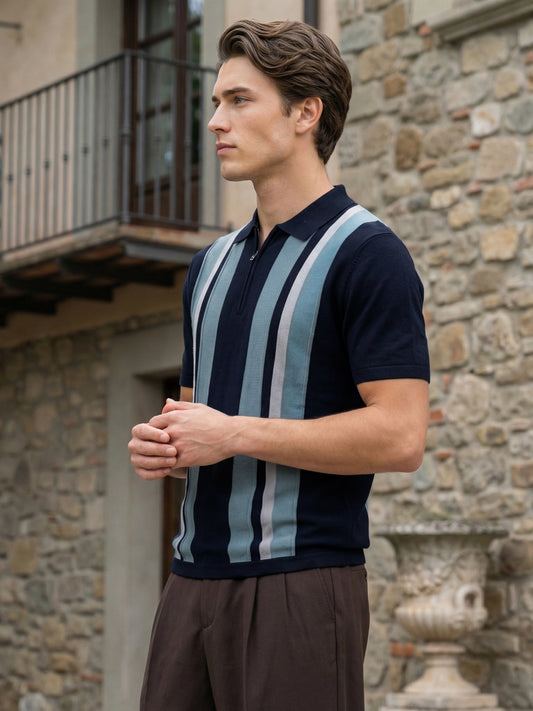 Iconic Men Navy Blue Striped Regular Fit Pure Cotton Polo T-Shirt