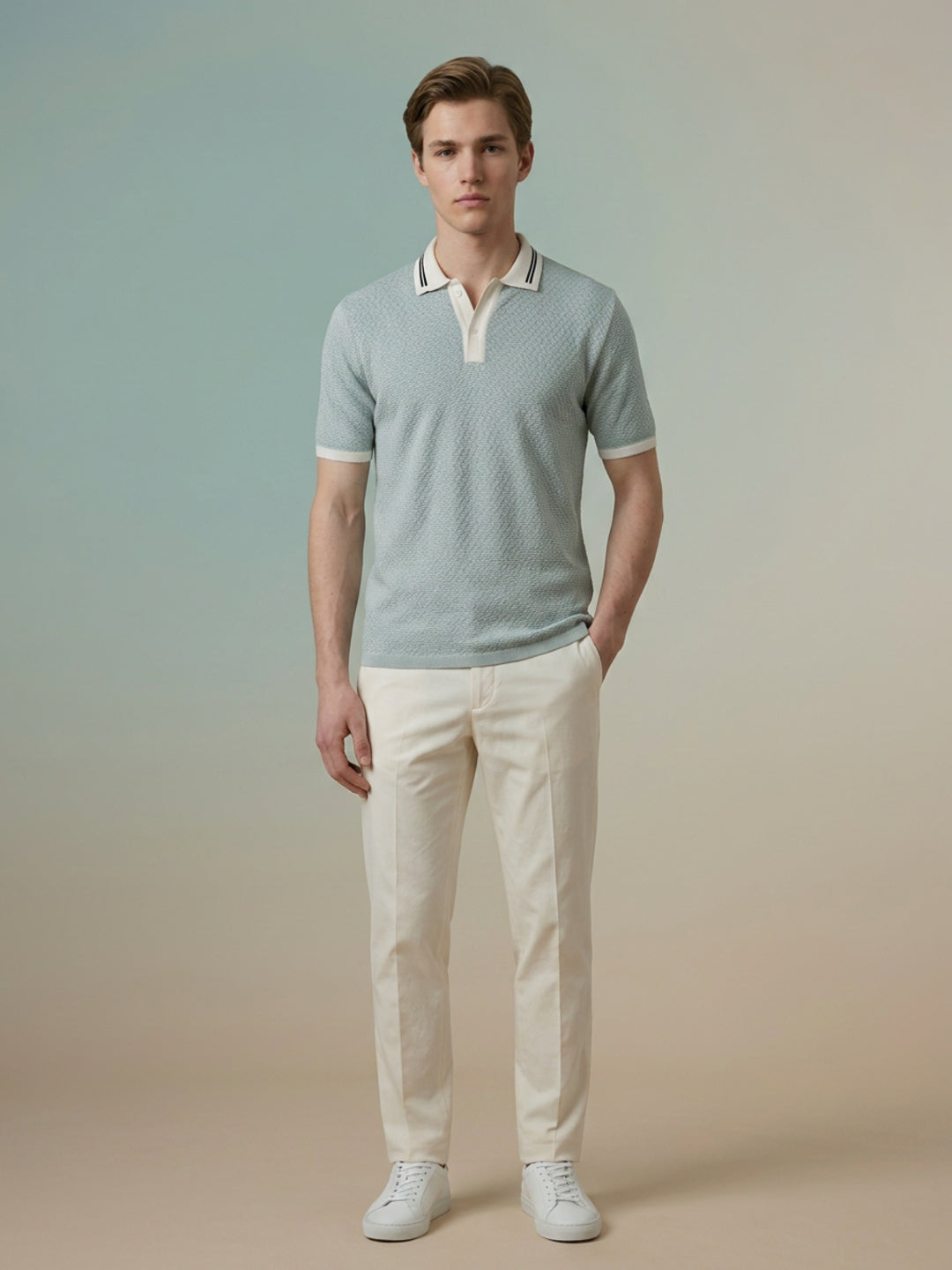 Iconic Green Cotton Textured Men Polo Tshirt