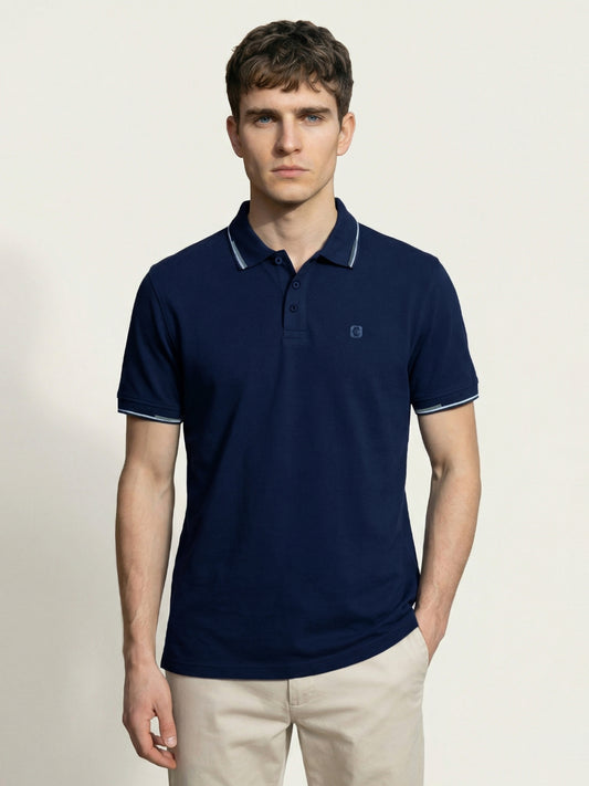 Iconic Men Cotton Navy Blue Solid Polo T-Shirt