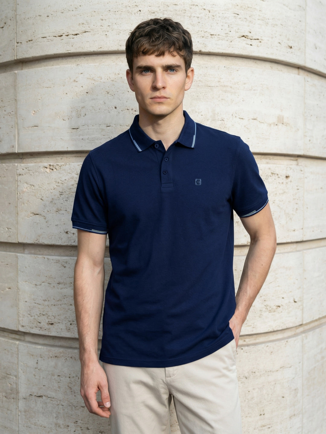 Iconic Men Cotton Navy Blue Solid Polo T-Shirt