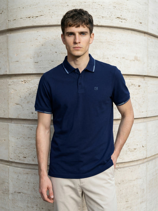 Iconic Men Cotton Navy Blue Solid Polo T-Shirt