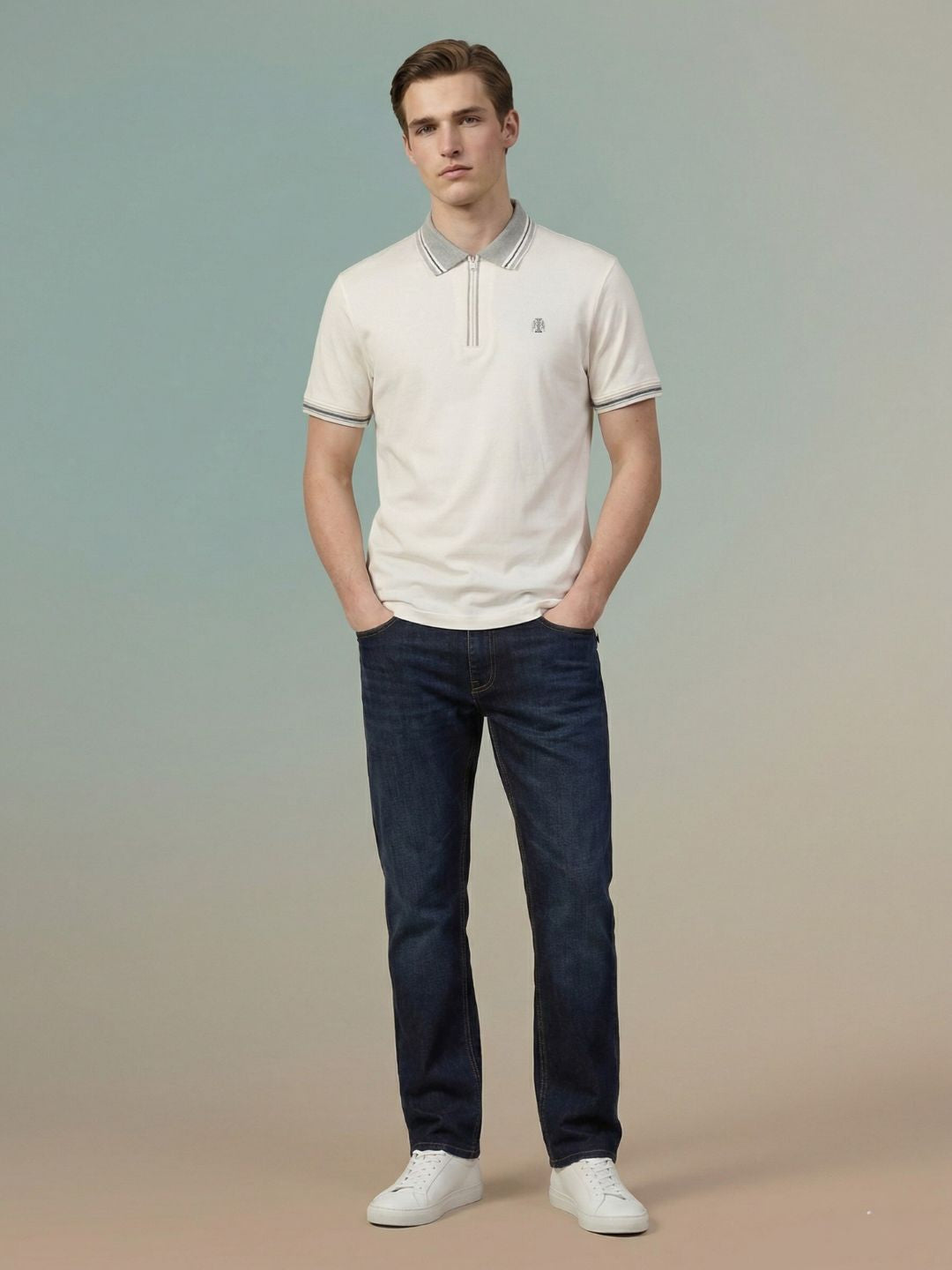 Iconic Men Cream Solid Regular Fit Pure Cotton Polo T-Shirt