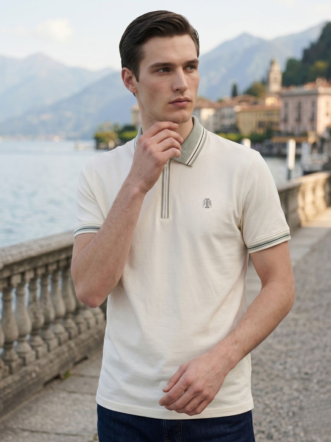 Iconic Men Cream Solid Regular Fit Pure Cotton Polo T-Shirt