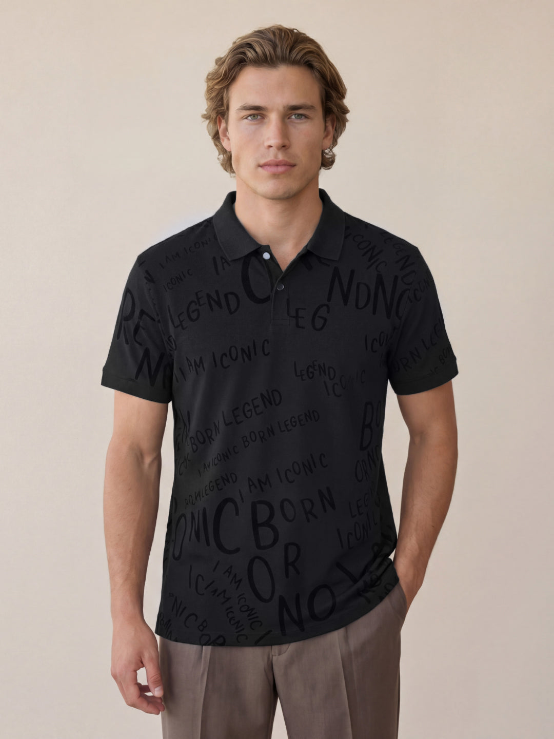 Iconic Men Cotton Black Printed Polo T-Shirt