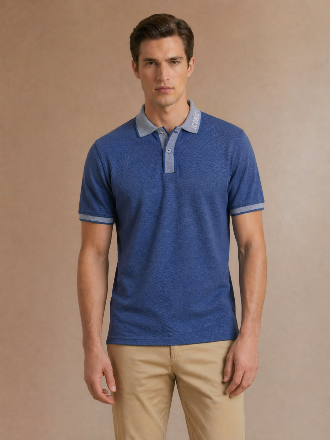 Iconic Blue Cotton Textured Men Polo Tshirt