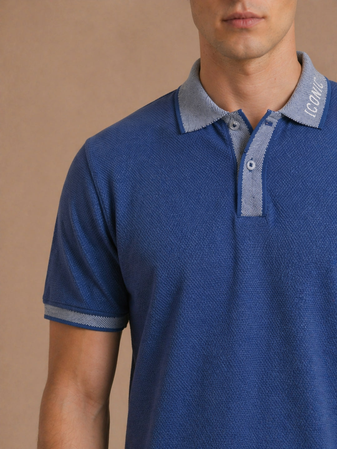 Iconic Blue Cotton Textured Men Polo Tshirt