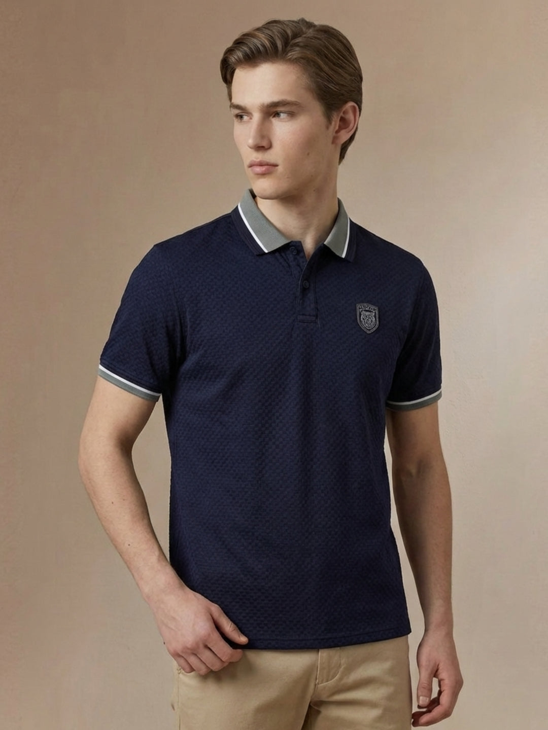 Iconic Men Blue Textured Regular Fit Polo T-Shirt
