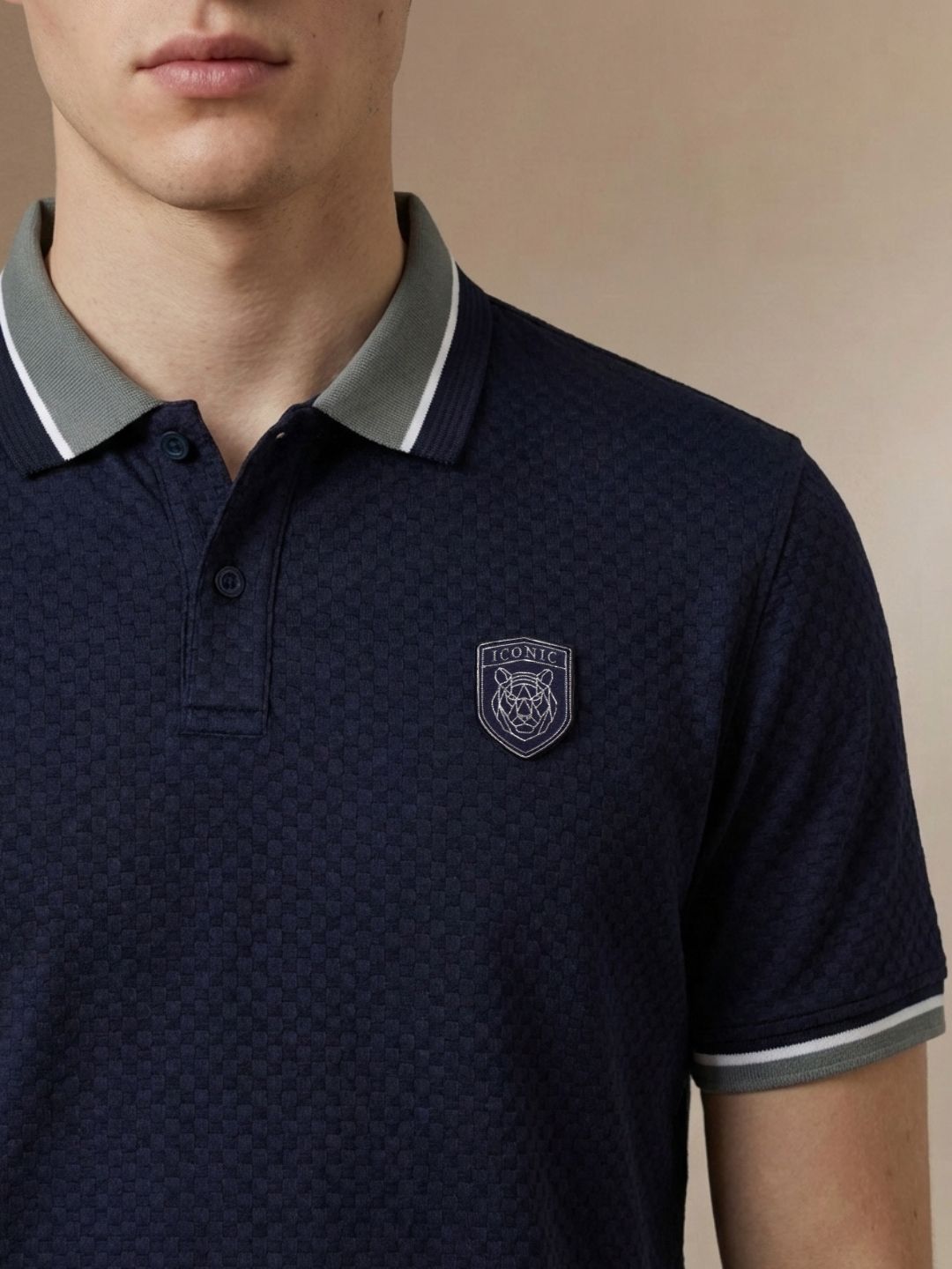 Iconic Men Blue Textured Regular Fit Polo T-Shirt