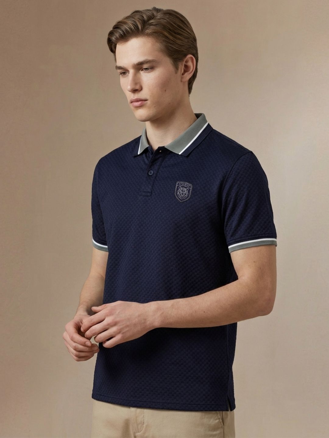 Iconic Men Blue Textured Regular Fit Polo T-Shirt