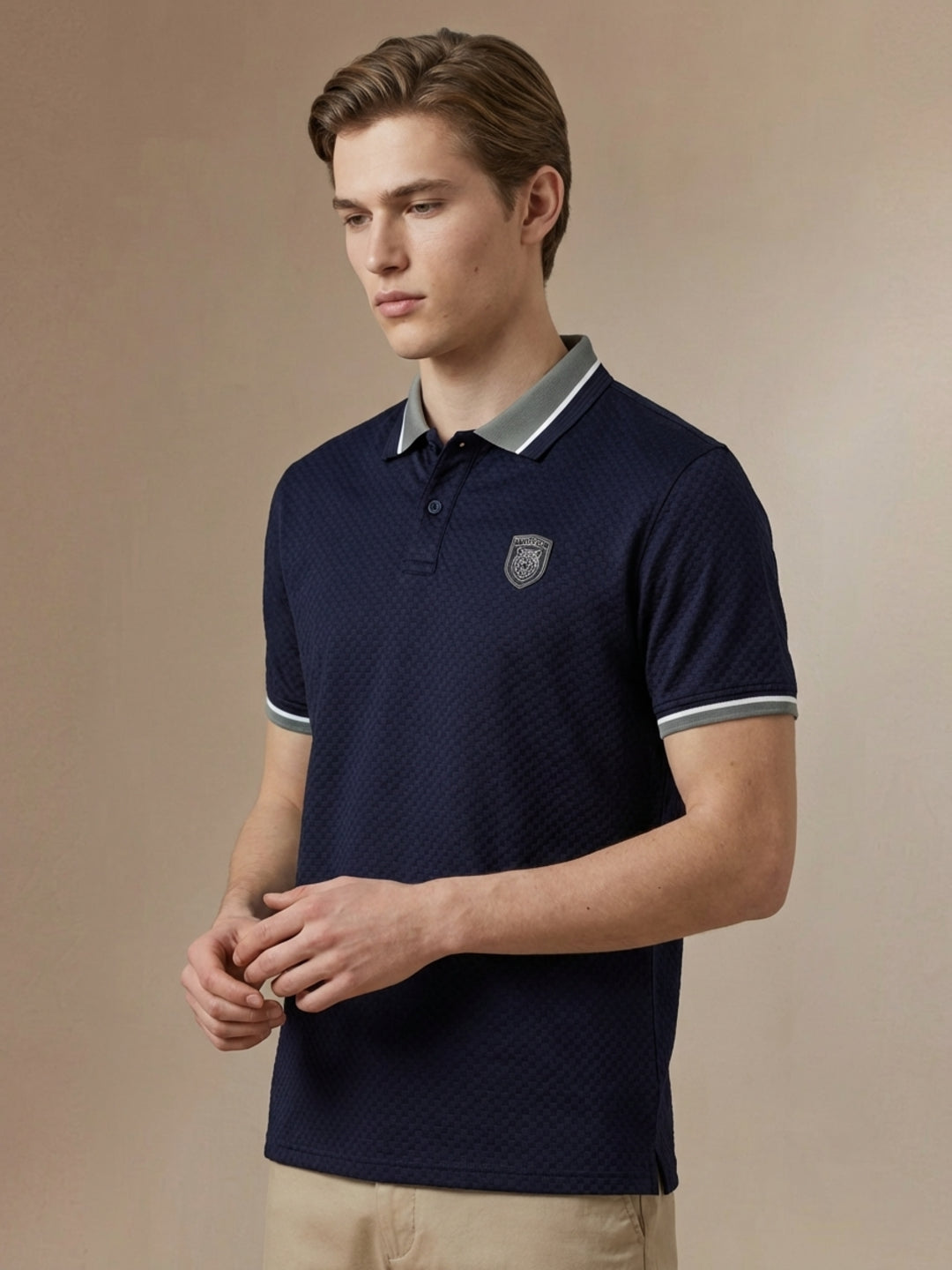 Iconic Men Blue Textured Regular Fit Polo T-Shirt