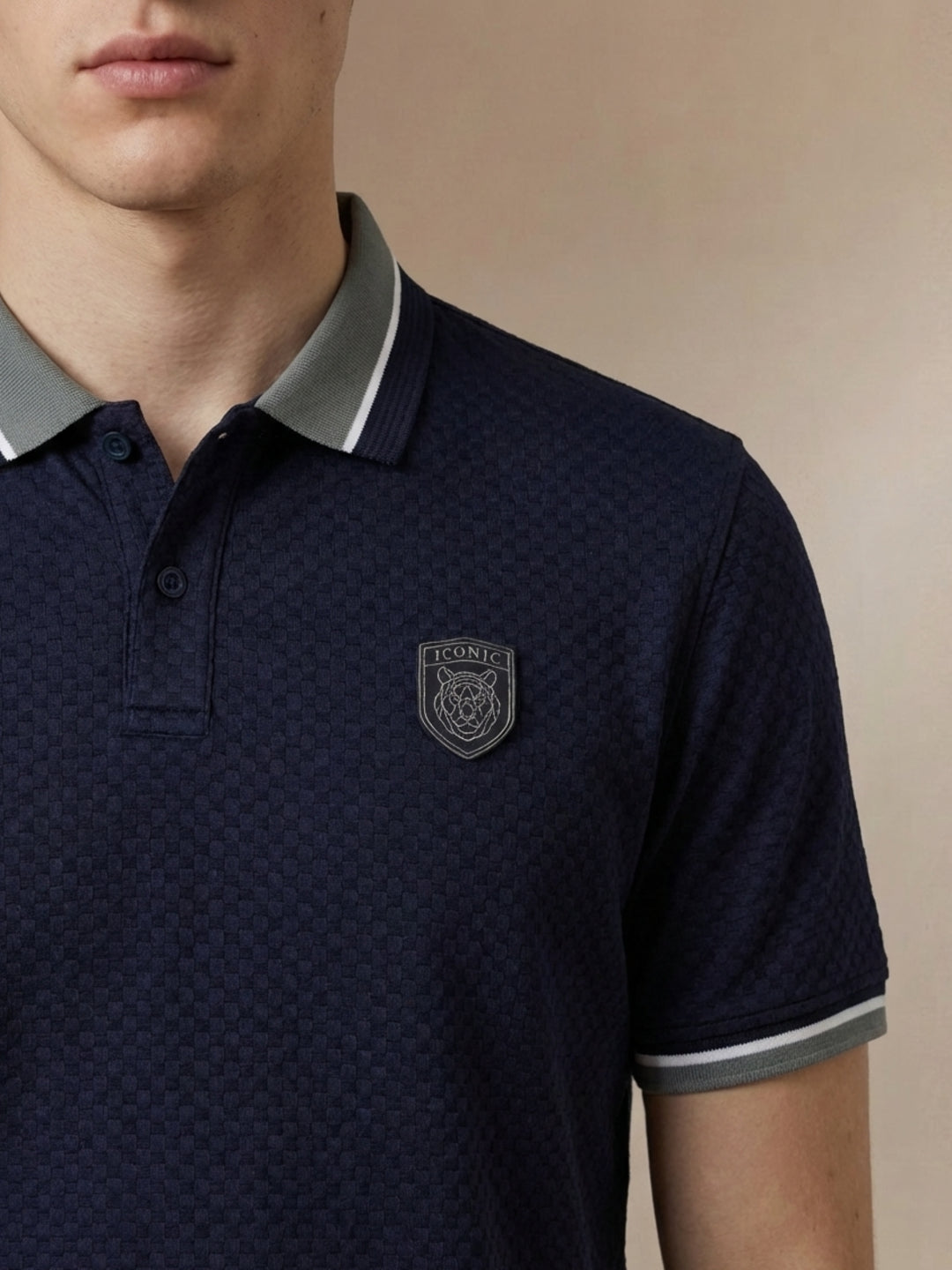 Iconic Men Blue Textured Regular Fit Polo T-Shirt