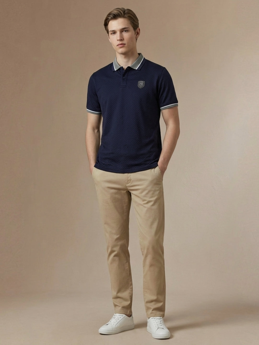 Iconic Men Blue Textured Regular Fit Polo T-Shirt