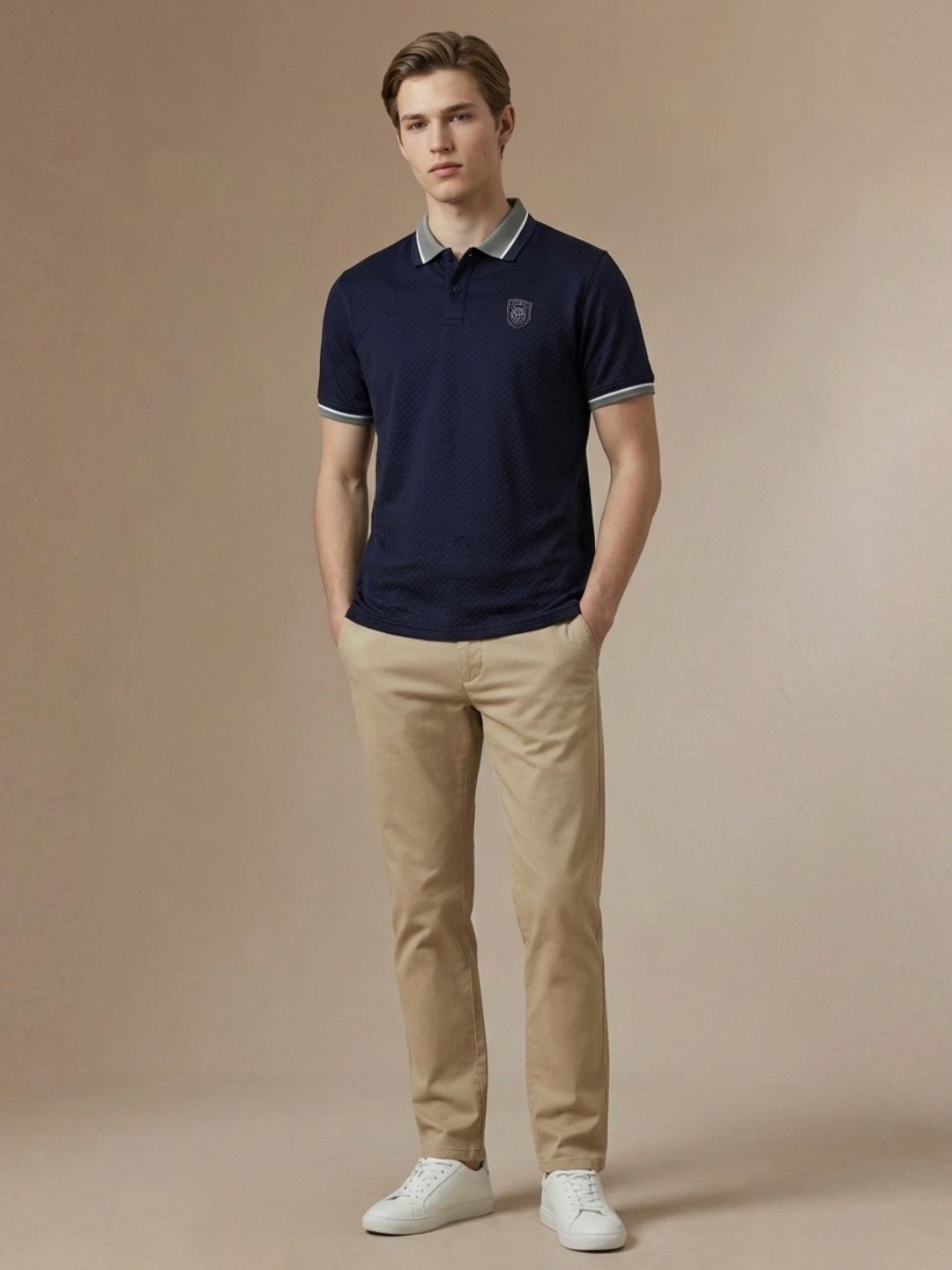 Iconic Men Blue Textured Regular Fit Polo T-Shirt