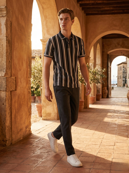 Iconic Grey Terry Striped Men Polo Tshirt