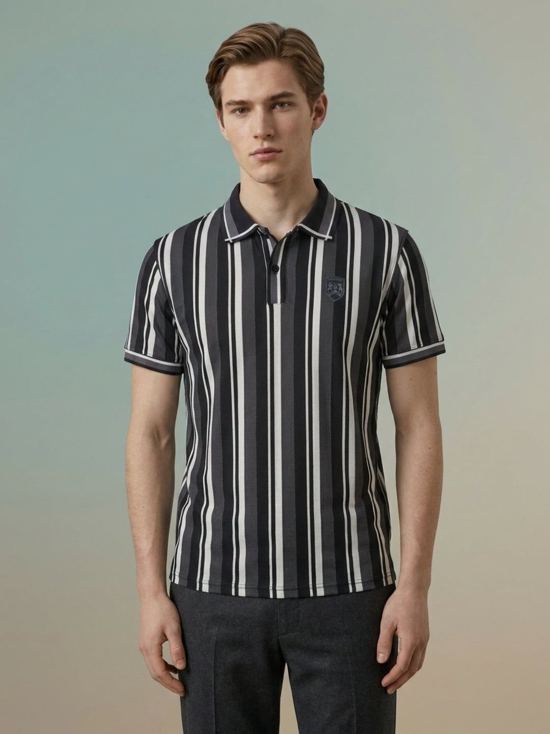 Iconic Grey Terry Striped Men Polo Tshirt