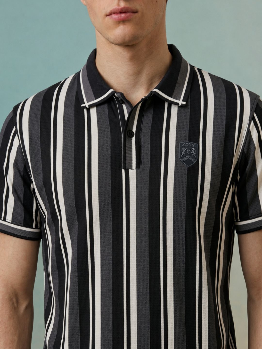 Iconic Men Grey Striped Regular Fit Polo T-Shirt