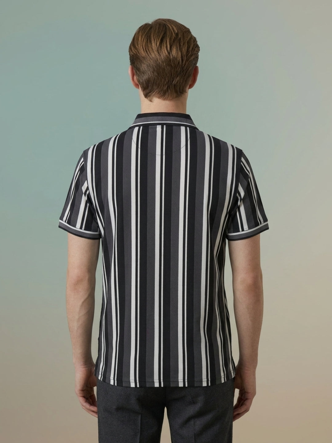 Iconic Grey Terry Striped Men Polo Tshirt