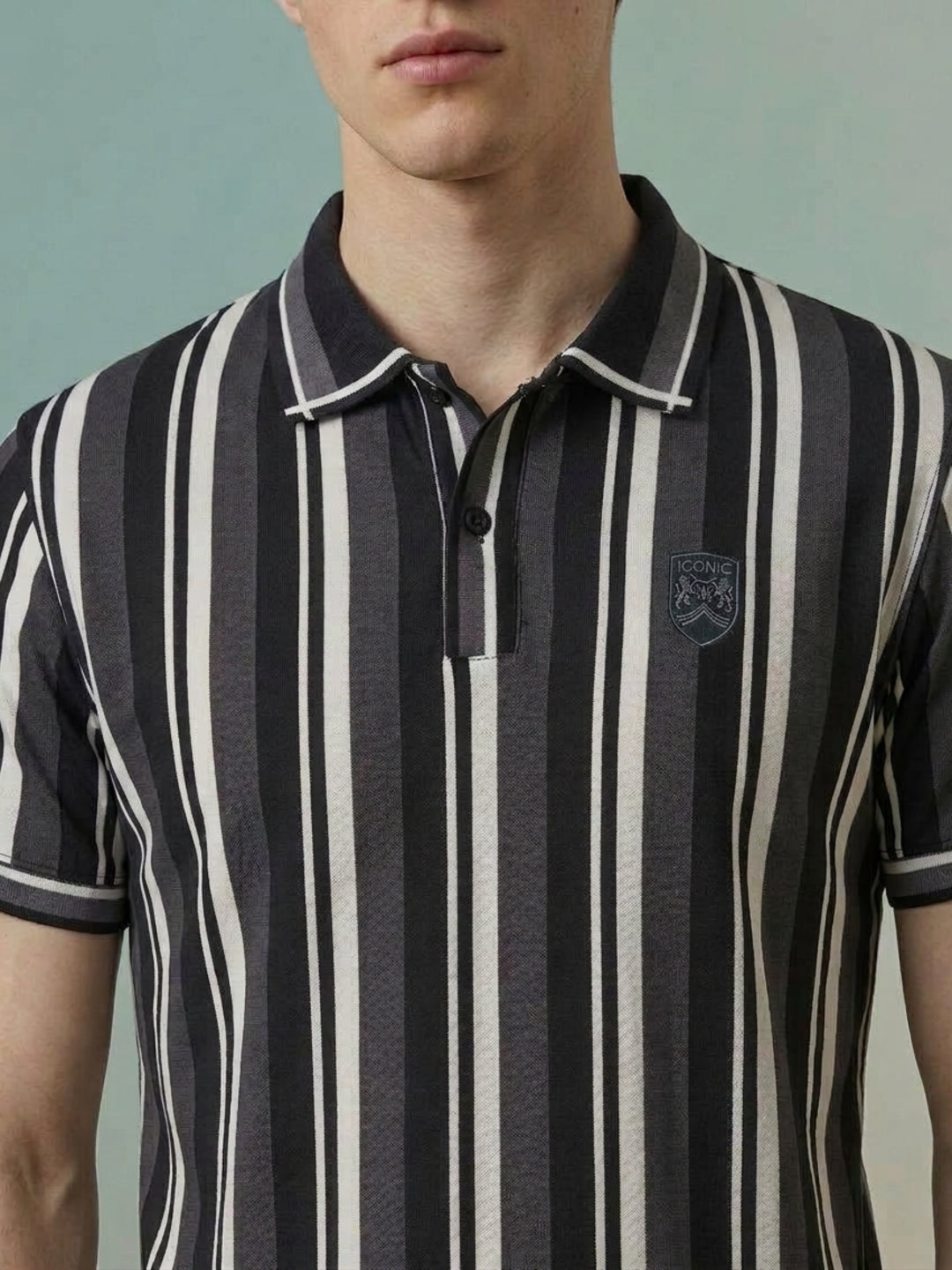 Iconic Grey Terry Striped Men Polo Tshirt