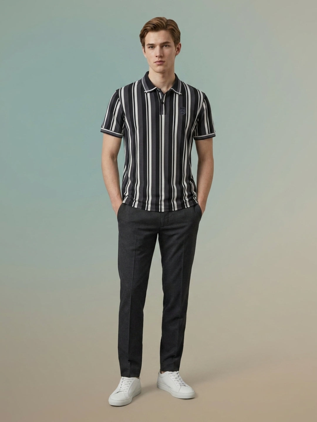 Iconic Grey Terry Striped Men Polo Tshirt