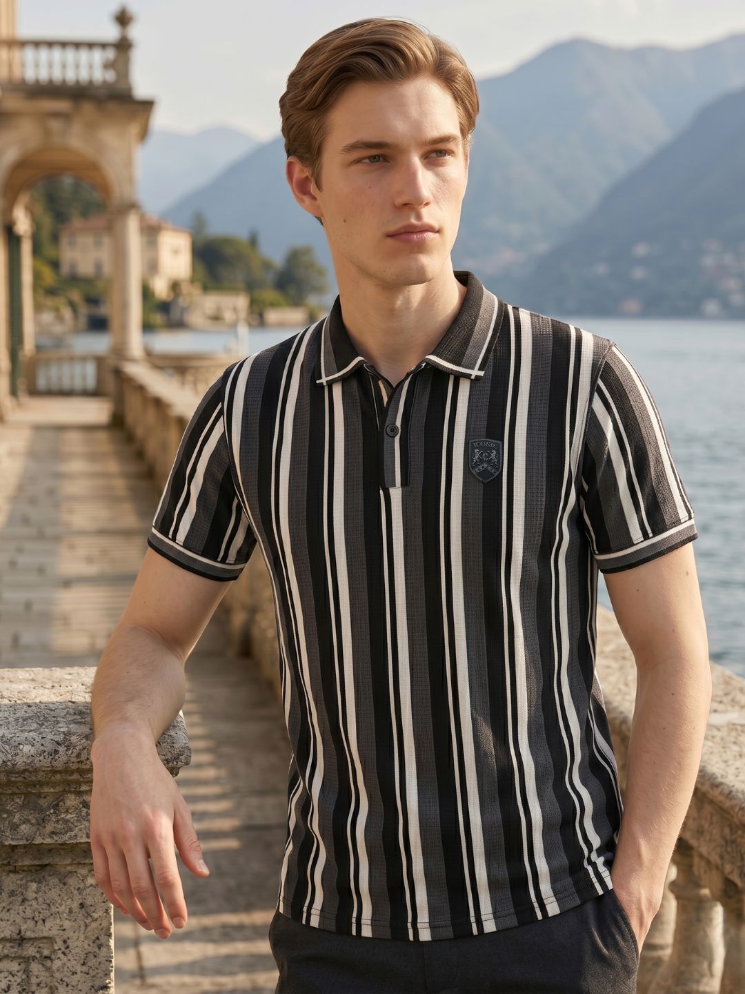 Iconic Men Grey Striped Regular Fit Polo T-Shirt