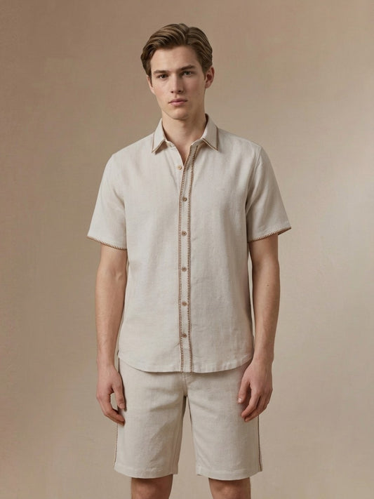 Iconic Men Cotton Cream Embroidered Shirt