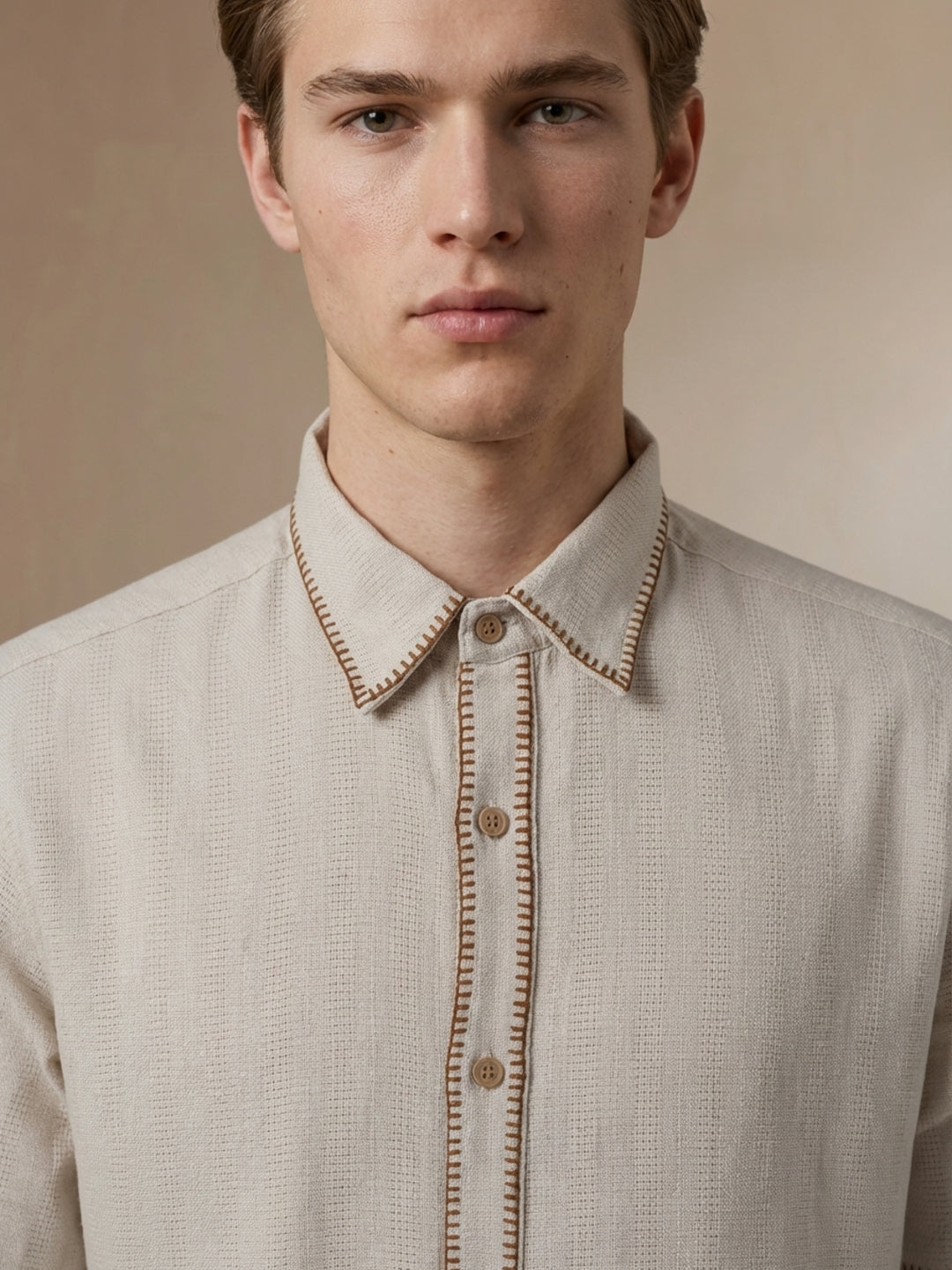 Iconic Men Cotton Cream Embroidered Shirt
