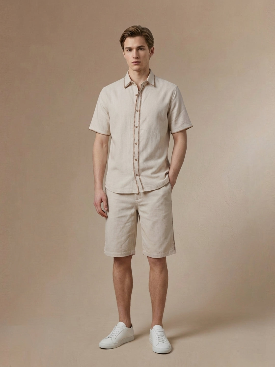 Iconic Men Cotton Cream Embroidered Shirt