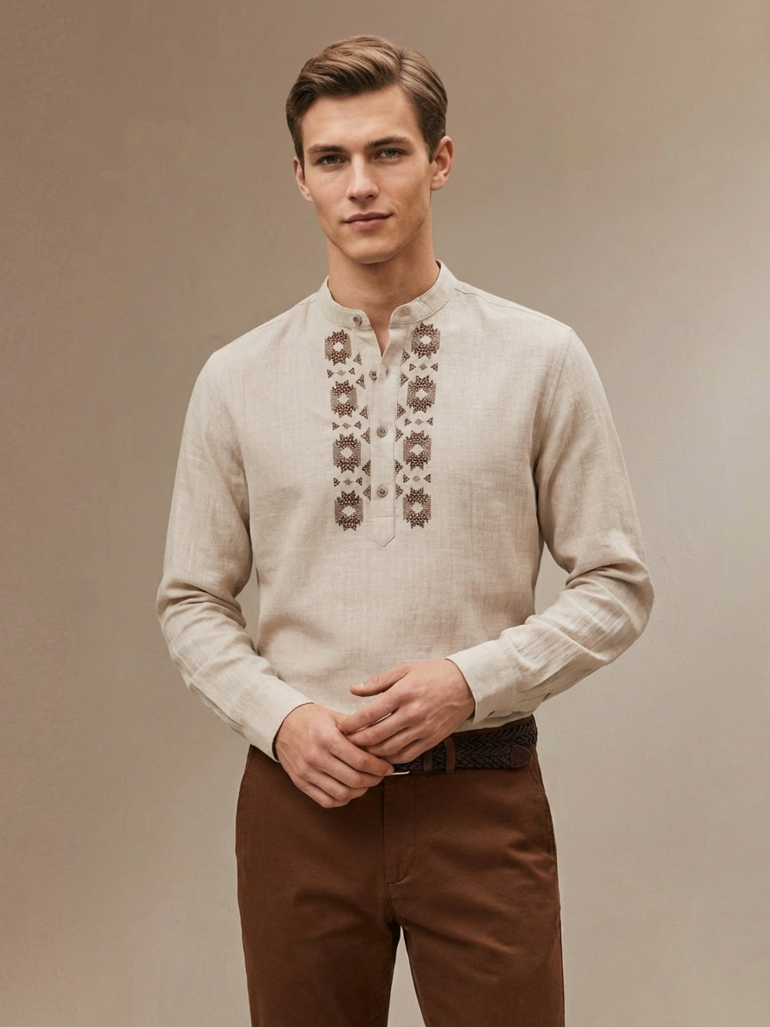 Iconic Men Cotton Beige Embroidered Shirt