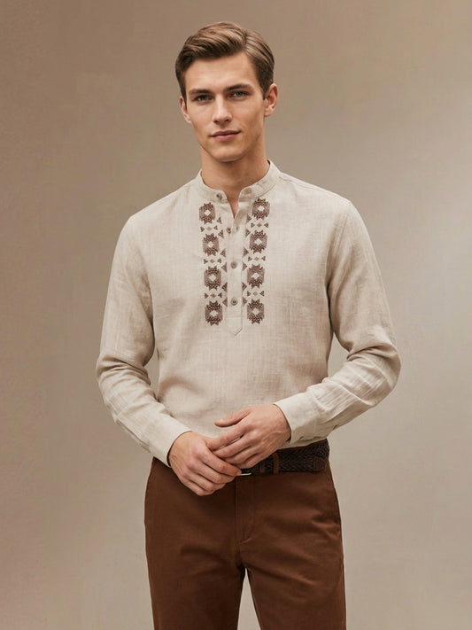 Iconic Men Cotton Beige Embroidered Shirt
