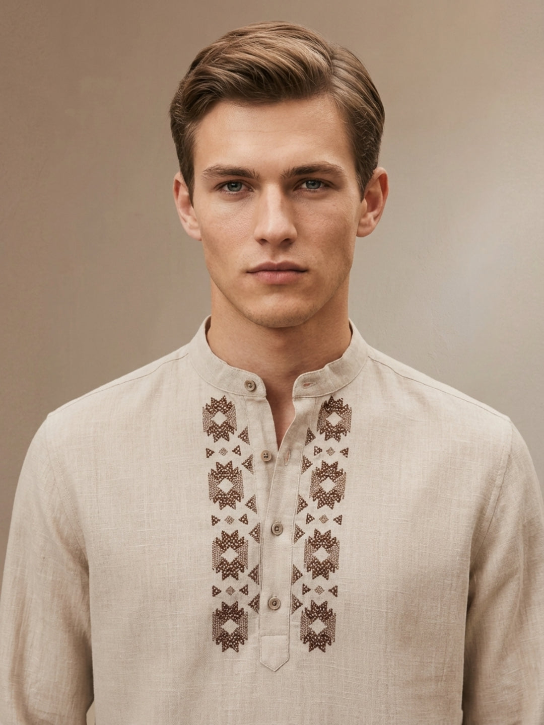 Iconic Men Cotton Beige Embroidered Shirt