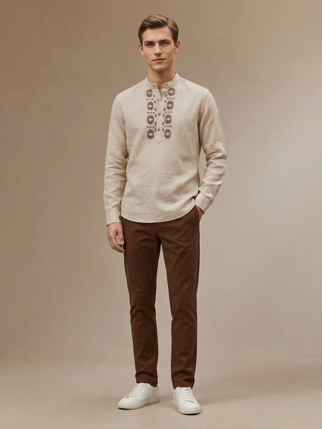 Iconic Men Cotton Beige Embroidered Shirt