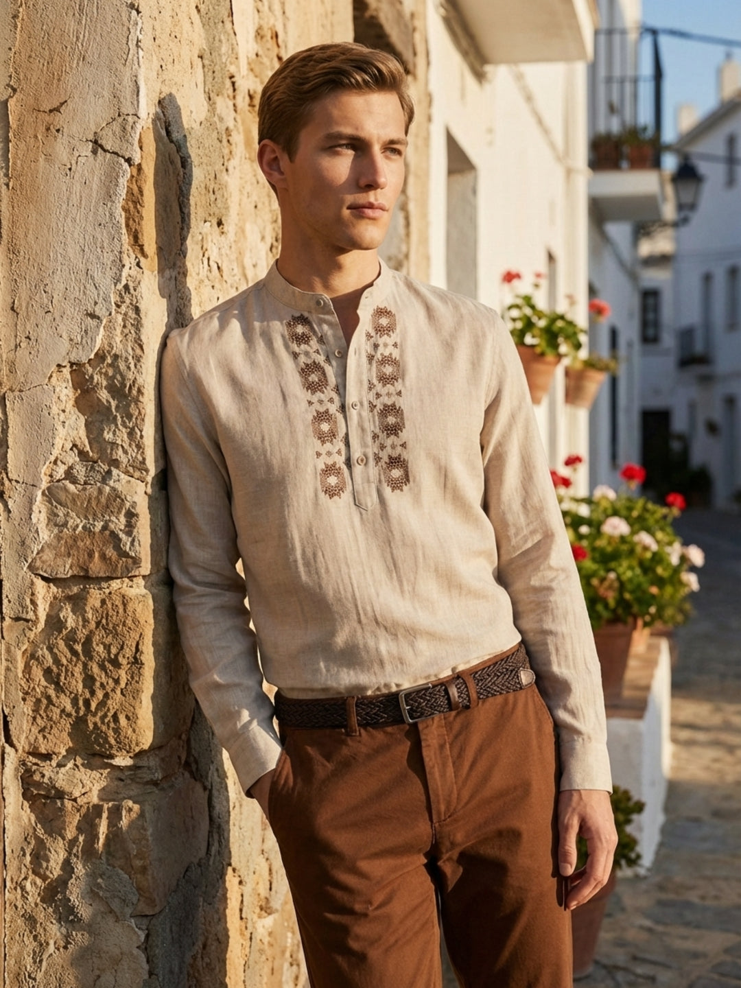Iconic Men Cotton Beige Embroidered Shirt