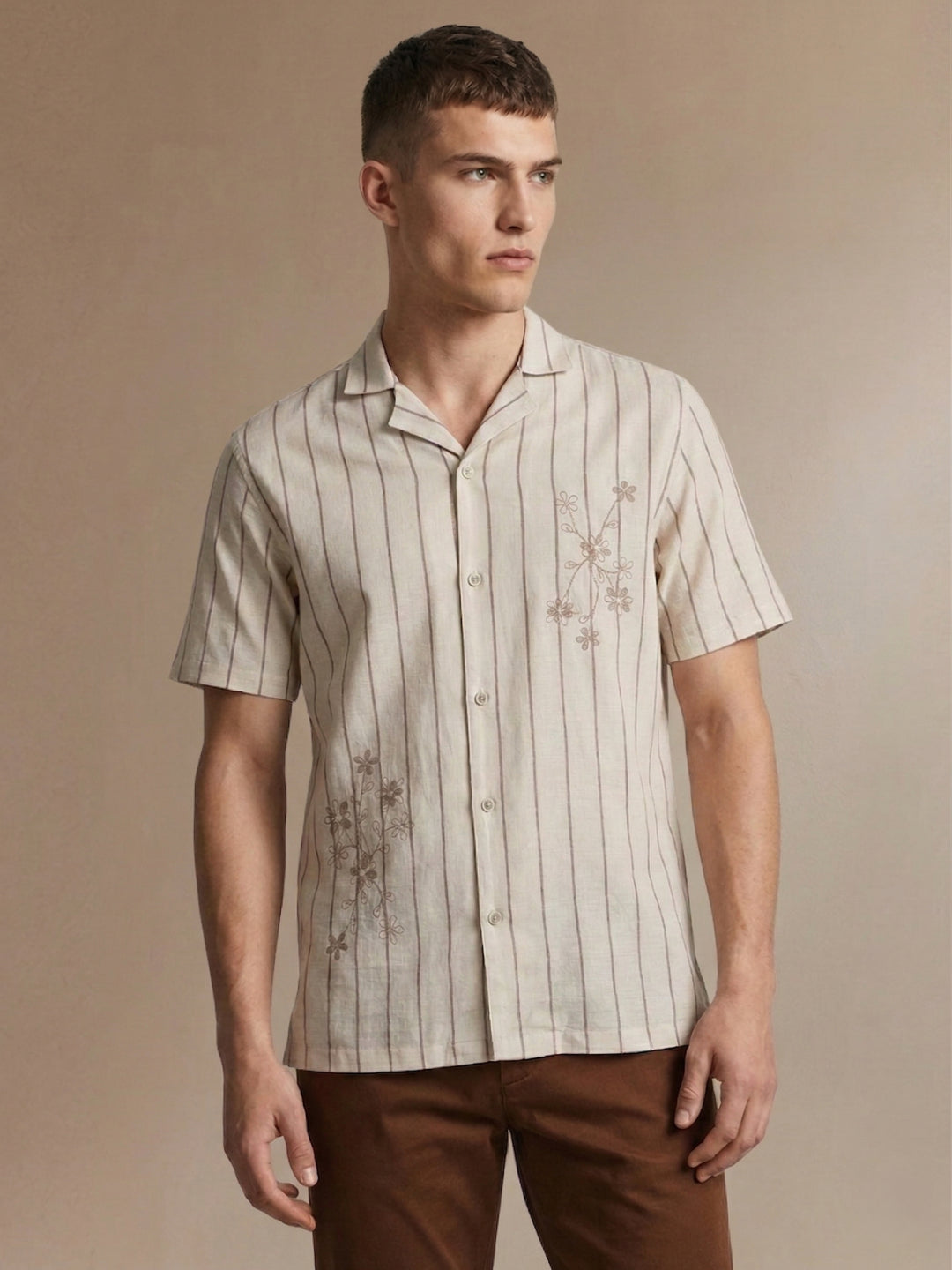 Iconic Men Cotton Cream Striped Shirt