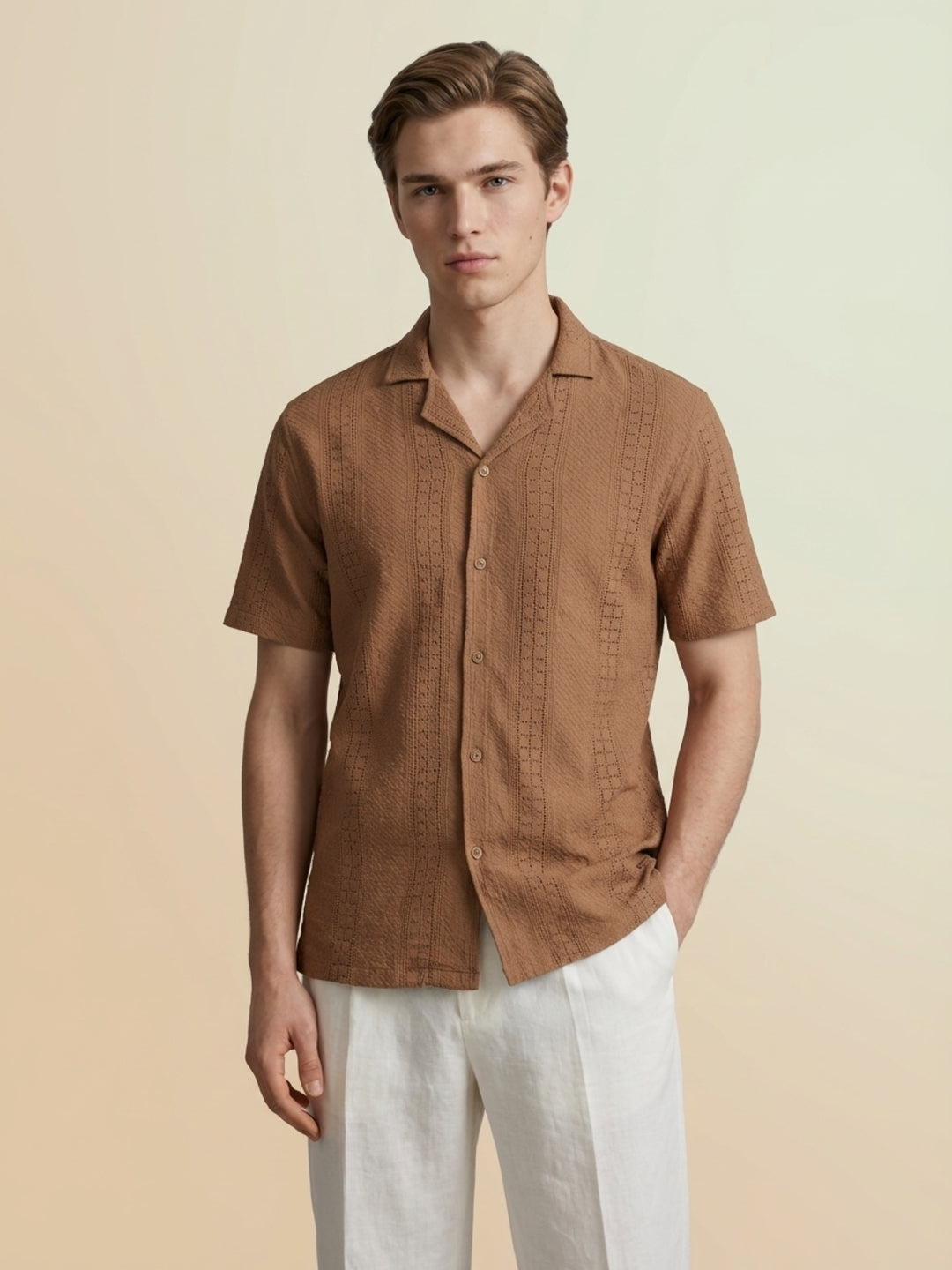 Iconic Men Brown Embroidered Resort Fit Pure Cotton Shirt