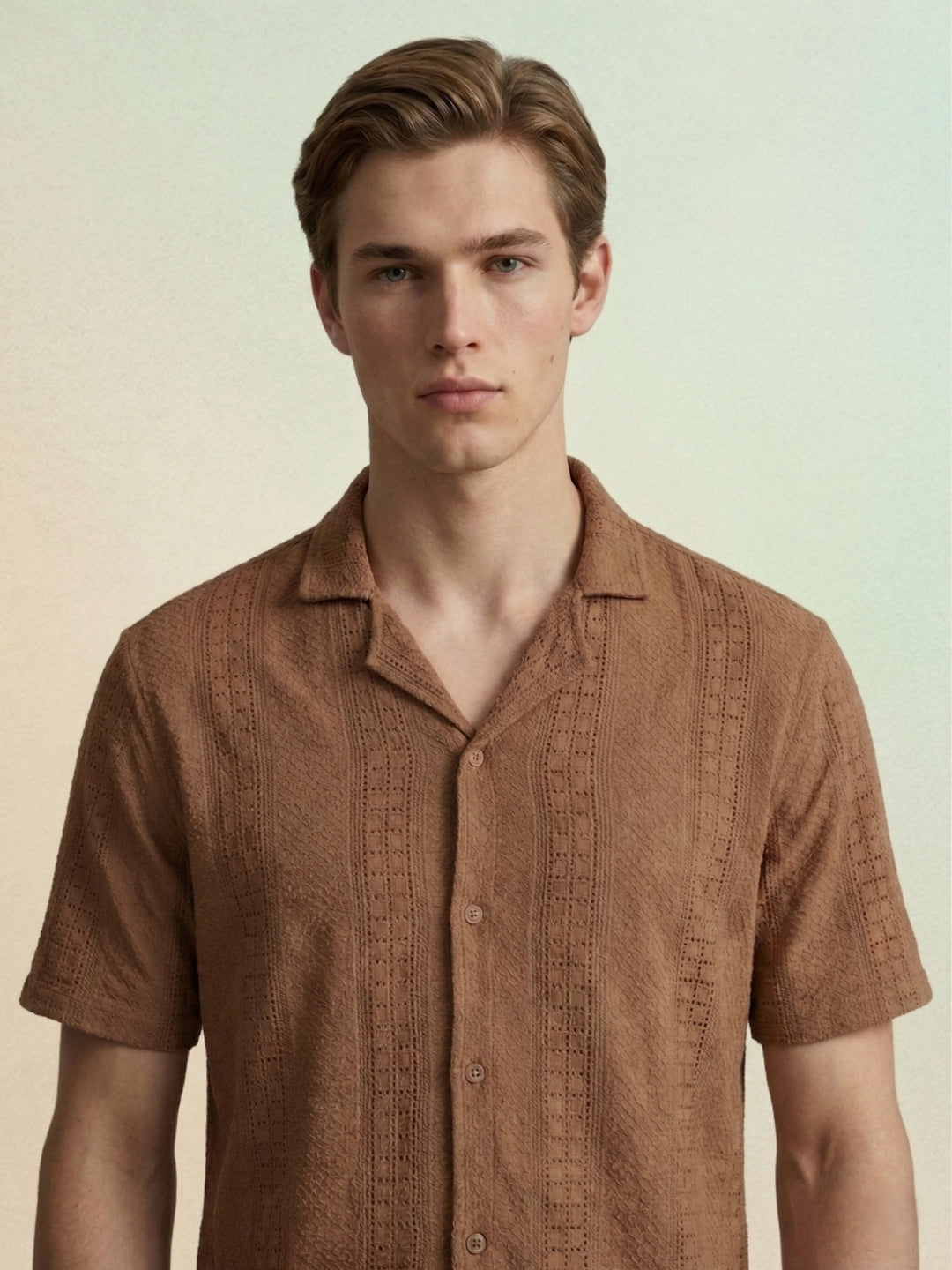 Iconic Men Brown Embroidered Resort Fit Pure Cotton Shirt